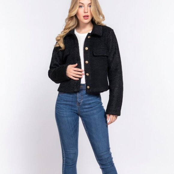 Long Slv Teddy Fleece Short Jacket - Picture 2 of 5